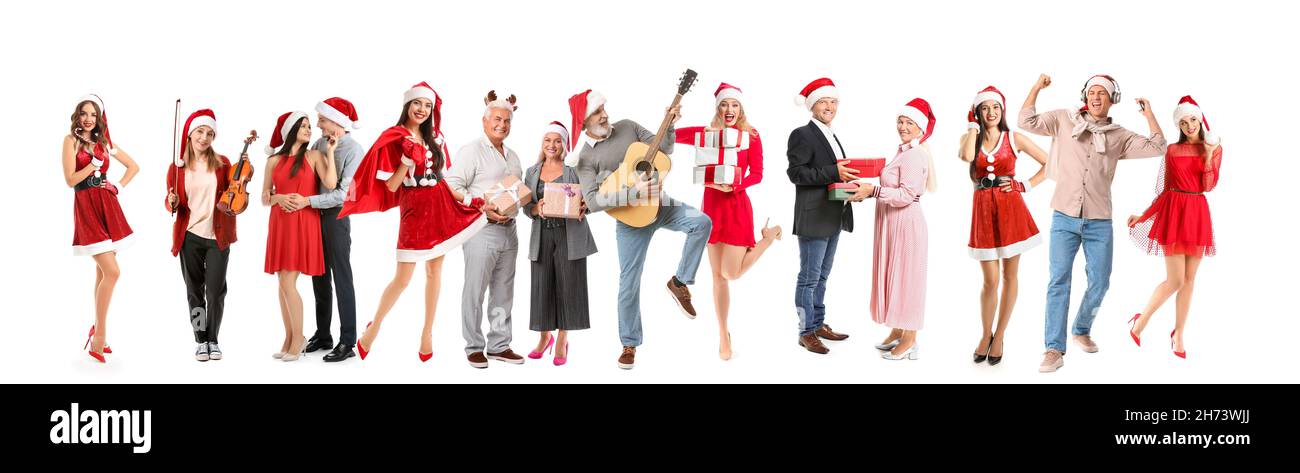 Group of people in Santa hats on white background Stock Photo - Alamy