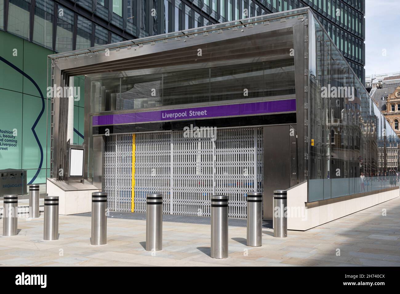 LONDON, UK - JULY 23, 2021:  Entrance to the Elizabeth Line underground station of Liverpool street with shutters before its opening Stock Photo