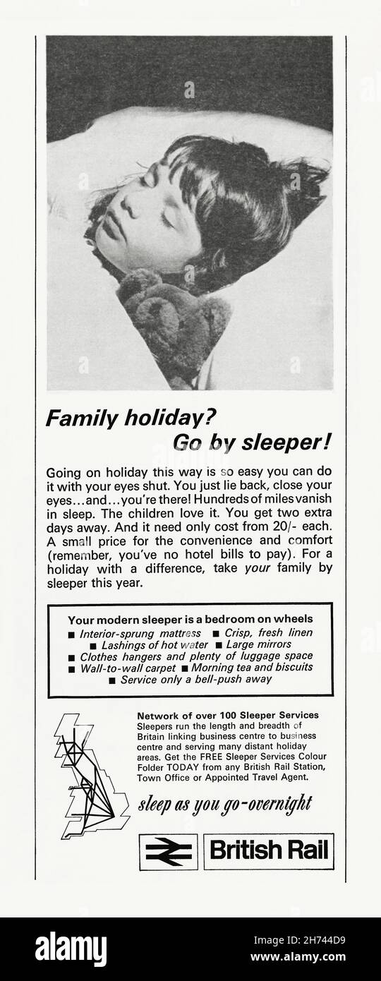 A 1960s advert for British Rail’s overnight sleeper trains. The advert appeared in a magazine published in the UK in March 1965. The photograph shows a child tucked up in a berth alongside a teddy bear. The map shows quite an extensive network of routes. Sleeper trains have operated in Britain since Victorian times and offered comfortable overnight accommodation on long distance journeys, allowing passengers to leave their home in the evening and arrive at the destination the following morning – vintage 1960s graphics for editorial use. Stock Photo