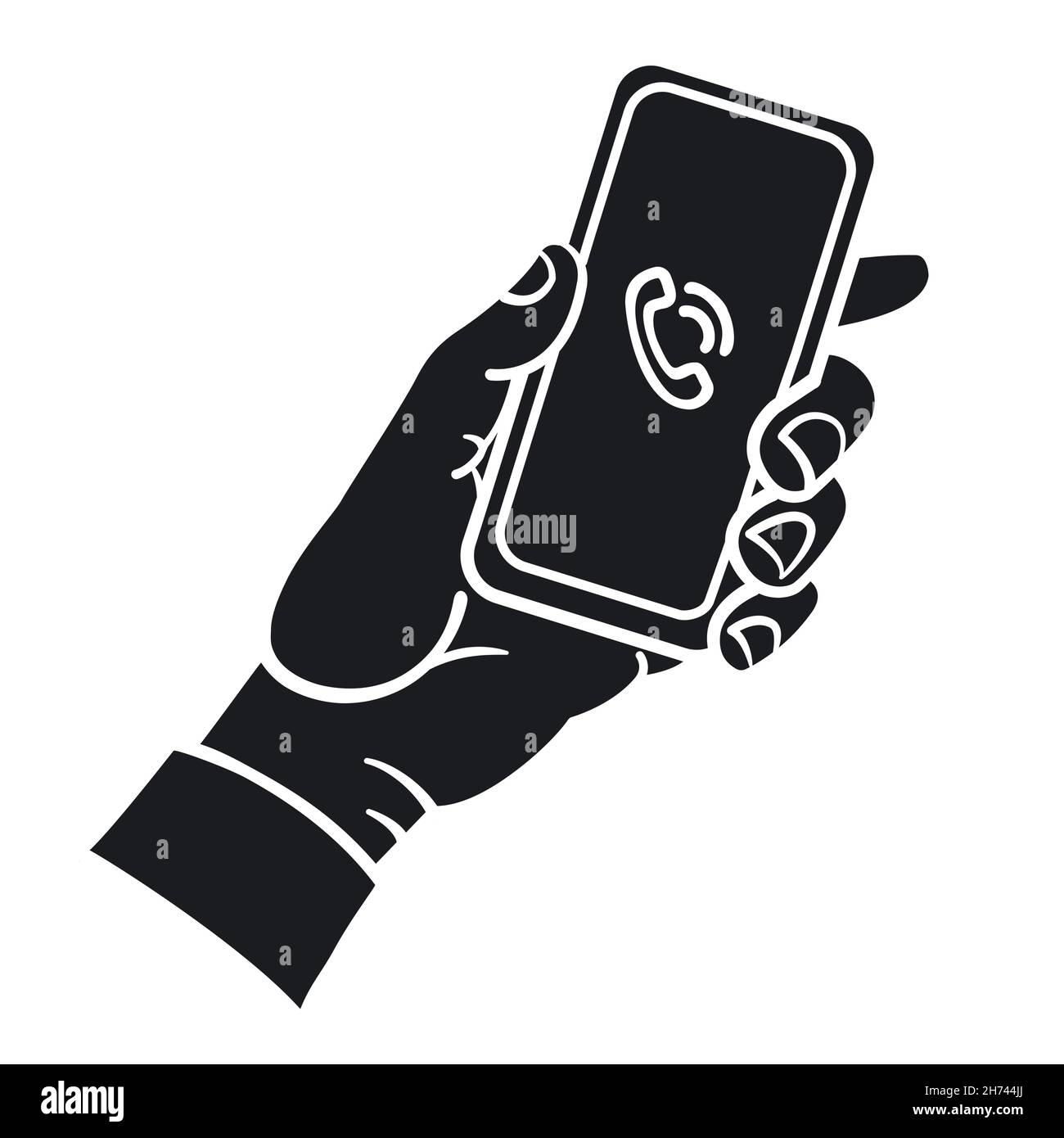 Illustration of the hand holding the smartphone in a black and white color Stock Vector