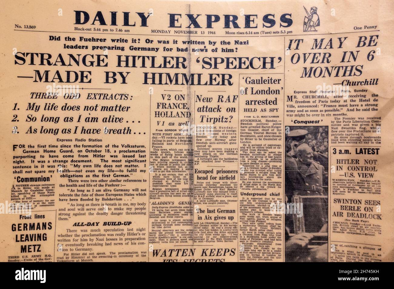 'Strange Hitler 'Speech' - Made by Himmler' front page headline on the Daily Express on 13th November 1944 during World War Two. Stock Photo