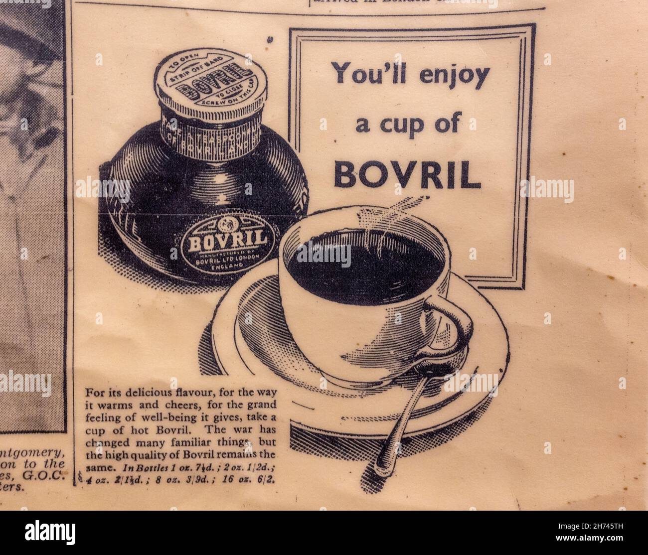 Advert for Bovril on the front page of the Daily Express on 10th August 1945 Stock Photo