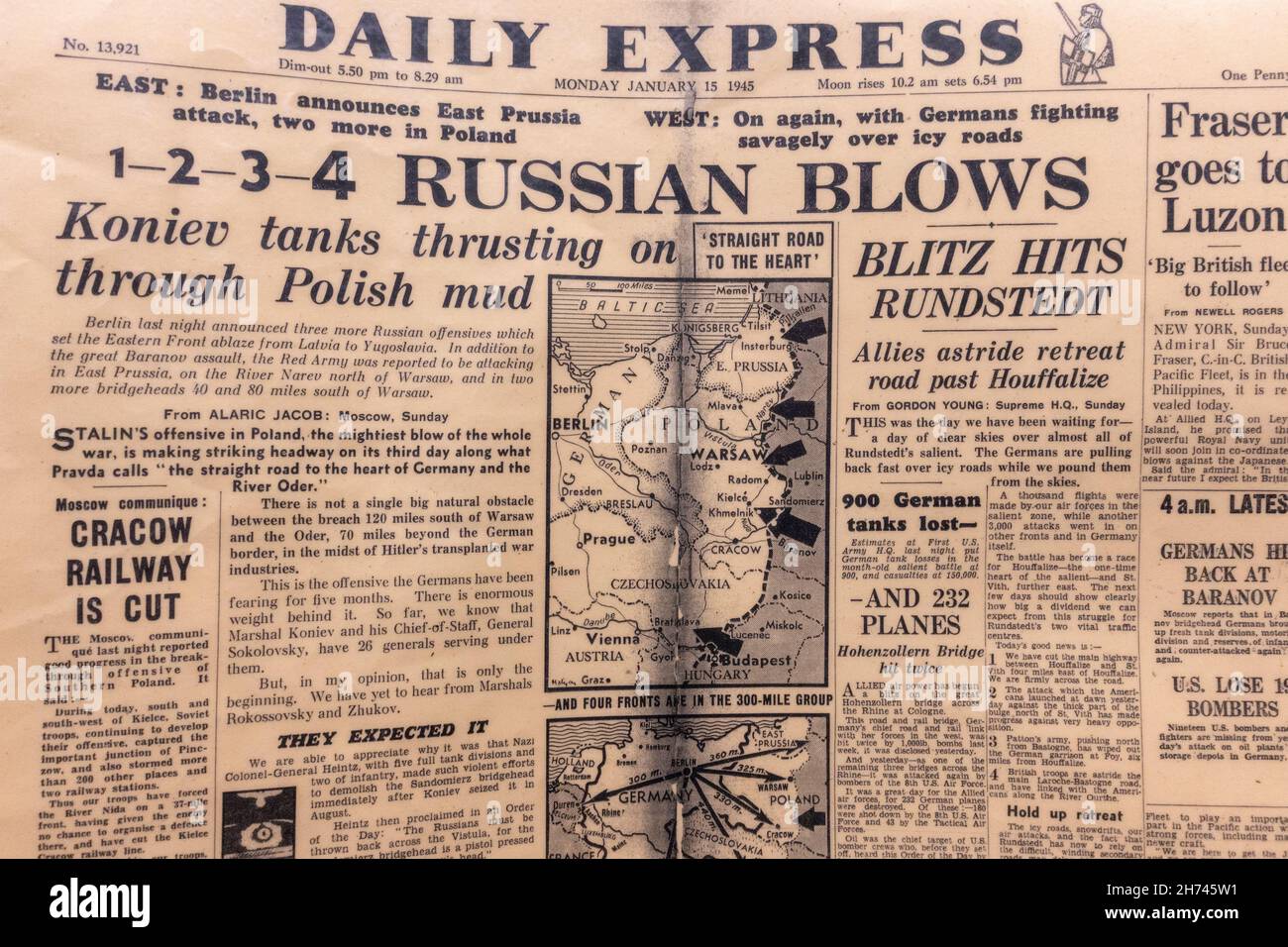 '1-2-3-4 Russian Blows' headline on Russian advance in to Poland on the front page of the Daily Express on 15th January 1945. Stock Photo
