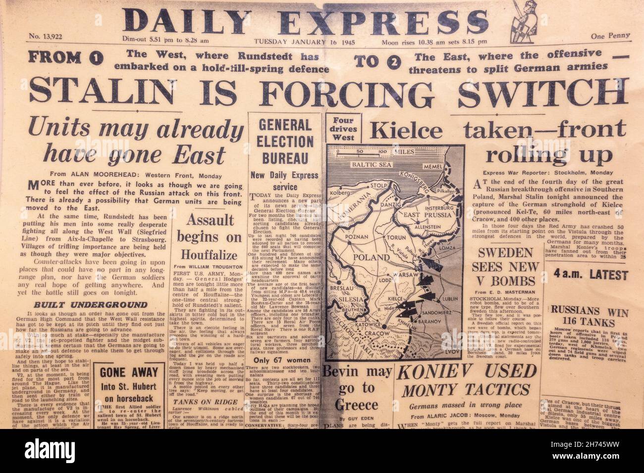 'Stalin is Forcing Switch' headline on Russian advance in to Poland on the front page of the Daily Express on 16th January 1945. Stock Photo