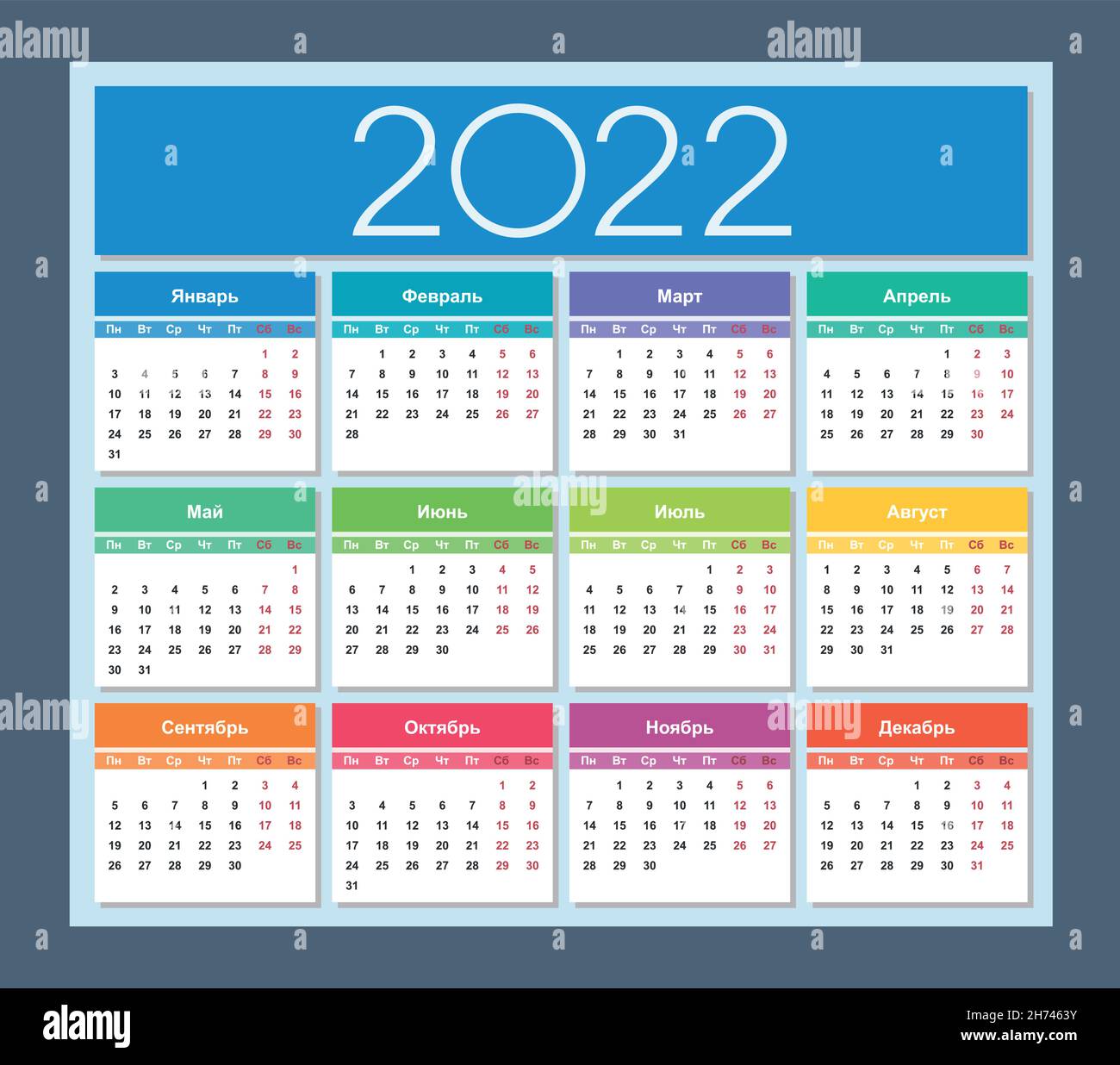 Colorful calendar for 2022 year. Russian language. Week starts on Monday.  Saturday and Sunday highlighted. Isolated vector illustration Stock Vector  Image & Art - Alamy
