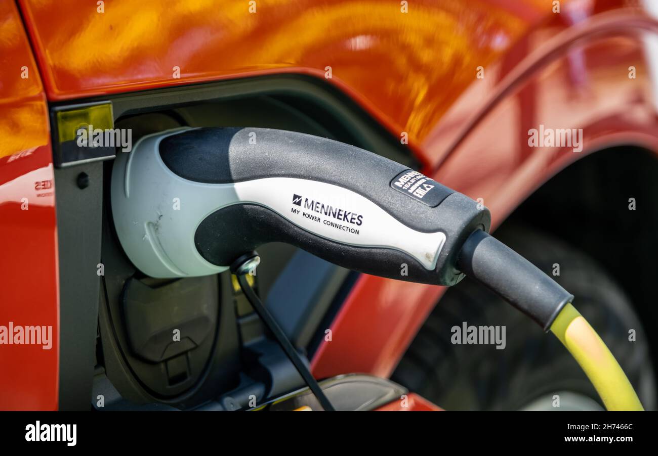 Abbington, Scotland July 26th 2021 An electric vehicle connected to