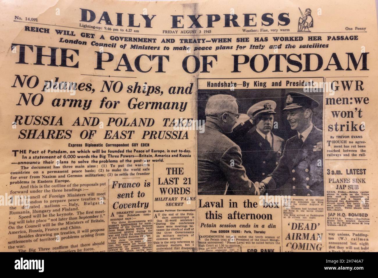 'The Pact of Potsdam' front page headline at the end of WWII in Europe, Daily Express, 3rd August 1945. Stock Photo