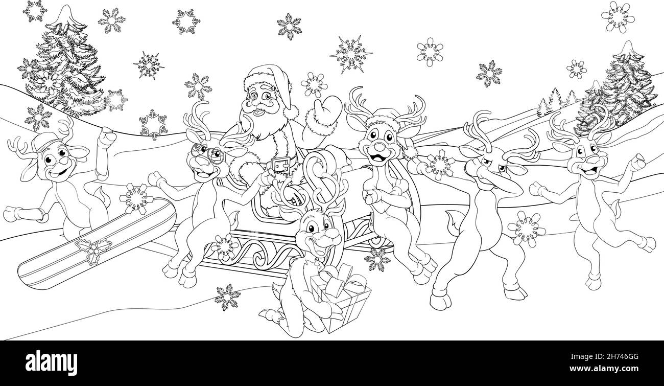 santa reindeer sled coloring 2021 Stock Vector