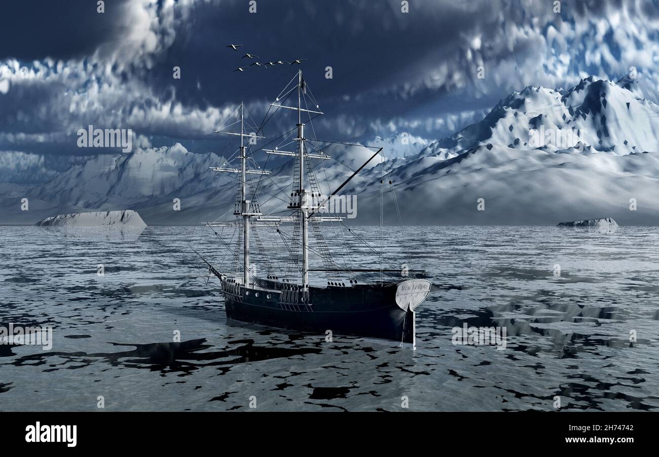 A Spanish Brig Sailing Ship Trapped In An Ice Field Stock Photo