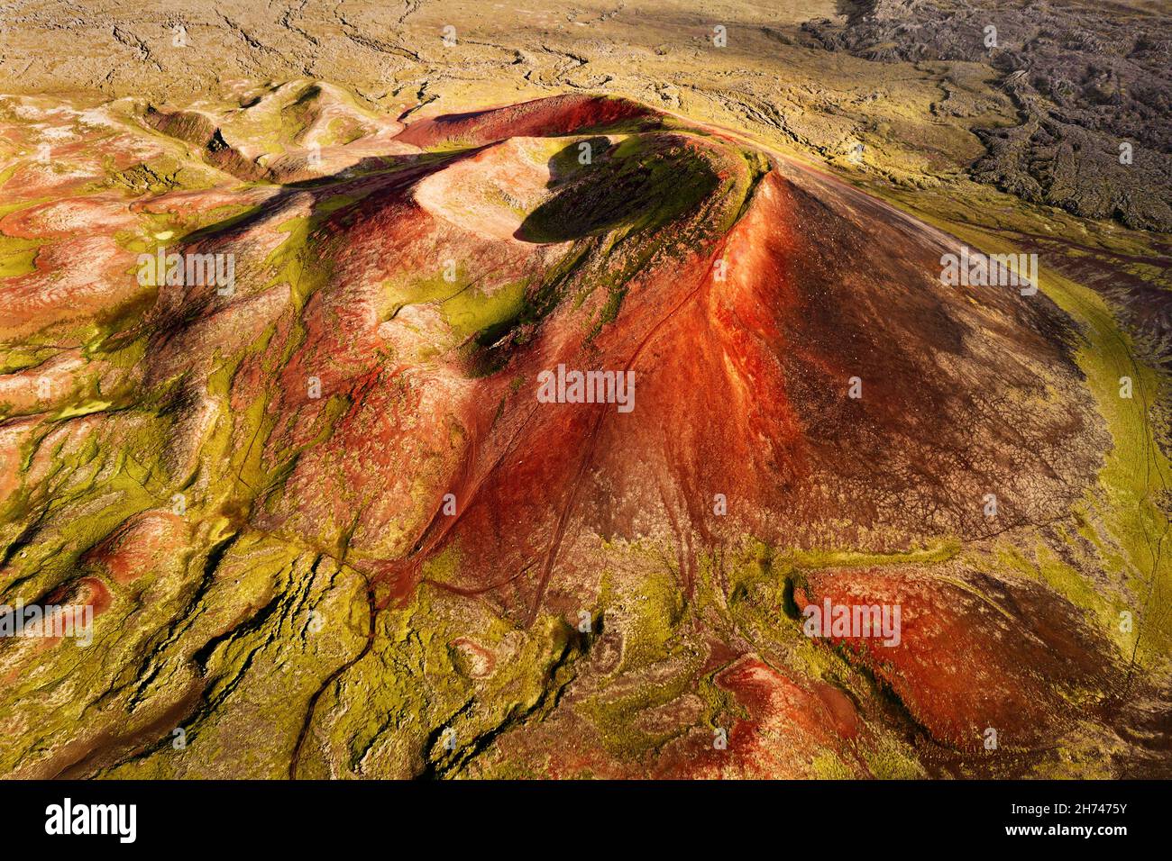 Aerial shot of Kothraunskula, a perfectly cone-formed shield volcano in Iceland. Stock Photo