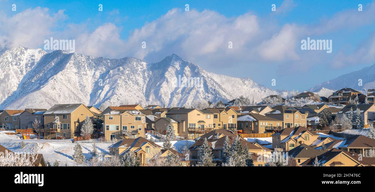 Residential area at Draper in Utah with snow against the Mount