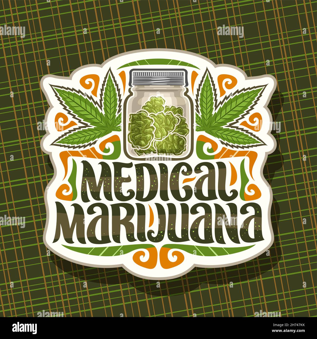 Vector logo for Medical Marijuana, cut paper signboard with illustration of cannabis leaves, glass storage with marijuana, decorative flourishes and u Stock Vector