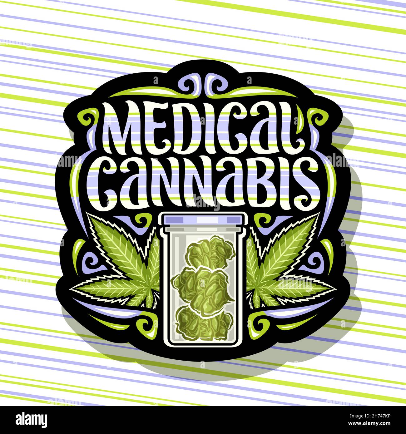 Vector logo for Medical Cannabis, dark vintage signage with illustration of marijuana leaves, glass cannabis test tube, signboard for dispensary with Stock Vector