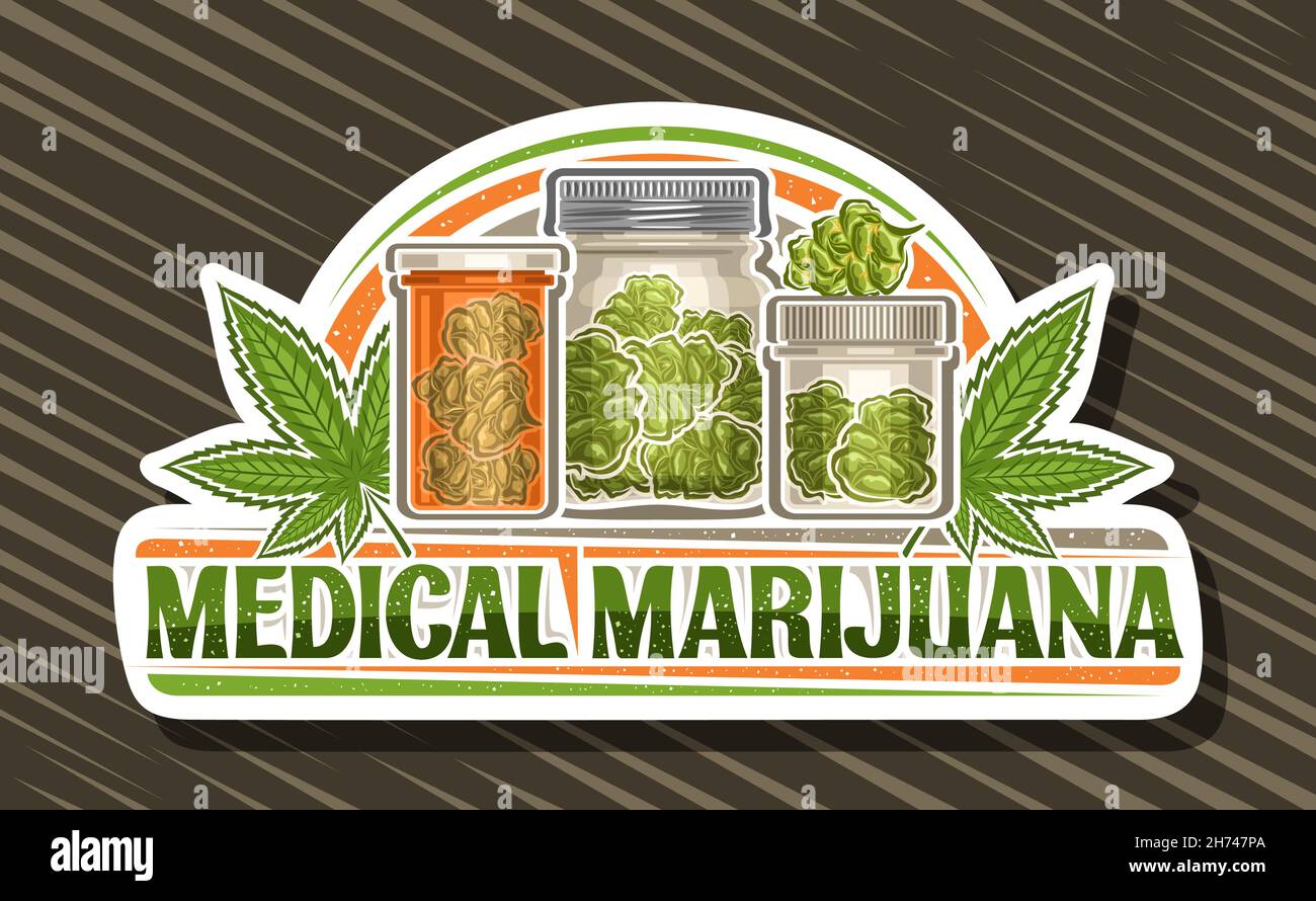Vector logo for Medical Marijuana, white decorative signboard with illustration of cannabis leaves and plastic marijuana jars, unique brush lettering Stock Vector