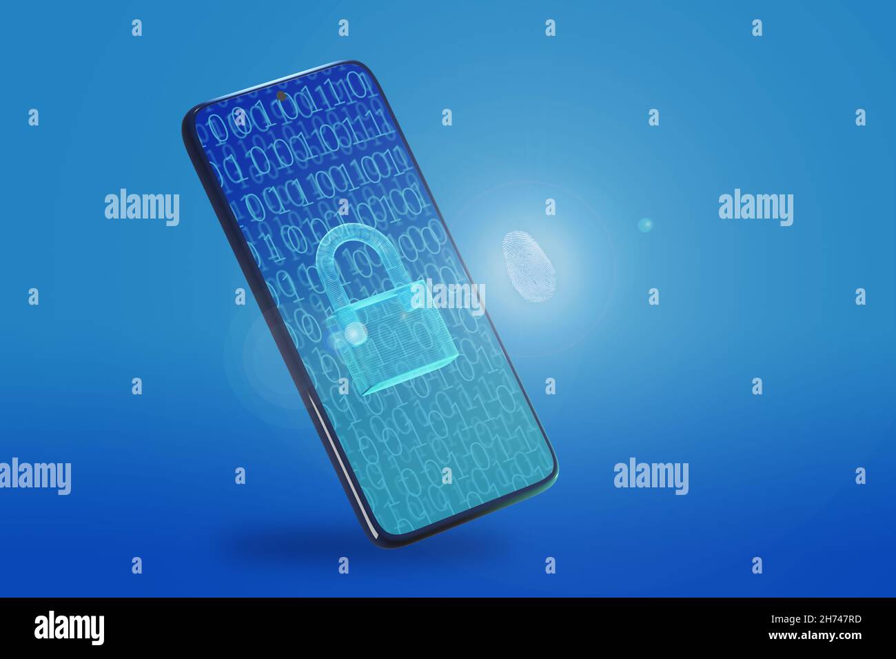 Mobile phone with padlock and fingerprint on the screen. Information security concept 3d illustration. Stock Photo