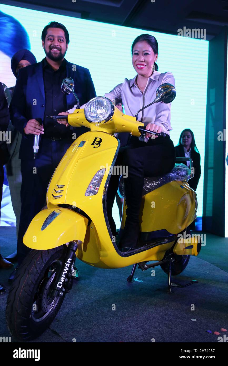 New Delhi, India. 20th Nov, 2021. Mangte Chungneijang Mary Kom during the launch of Darwin EVat: New Generation Electric Two Wheeler with Japanese Technology. (Credit Image: © Jyoti Kapoor/Pacific Press via ZUMA Press Wire) Stock Photo