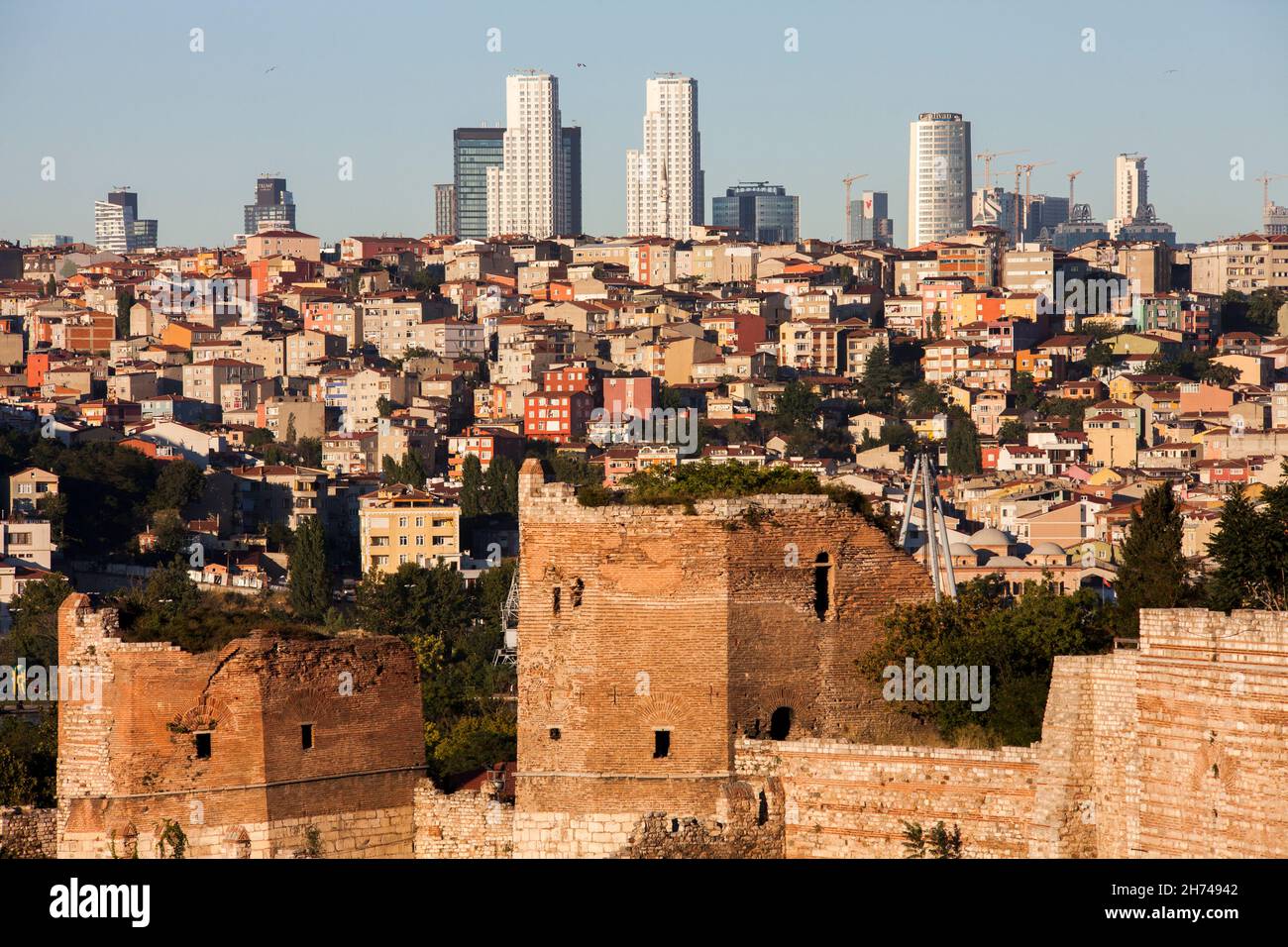 Istanbul,Turkey - 09-01-2015:Modern Istanbul cityscape with historical Byzantine walls Stock Photo
