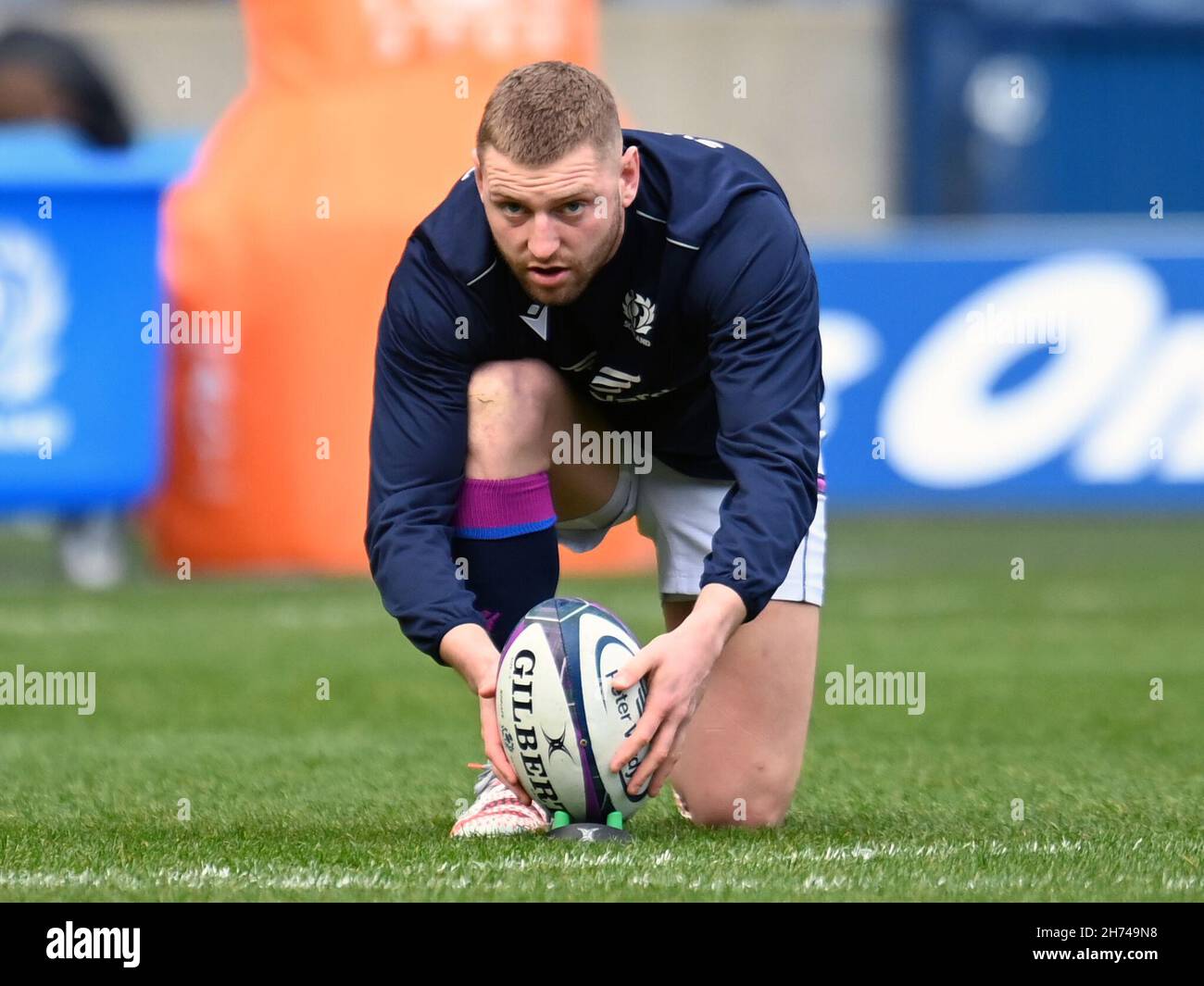 Scotland's Finn Russell practising his kicking prior to kickoff before