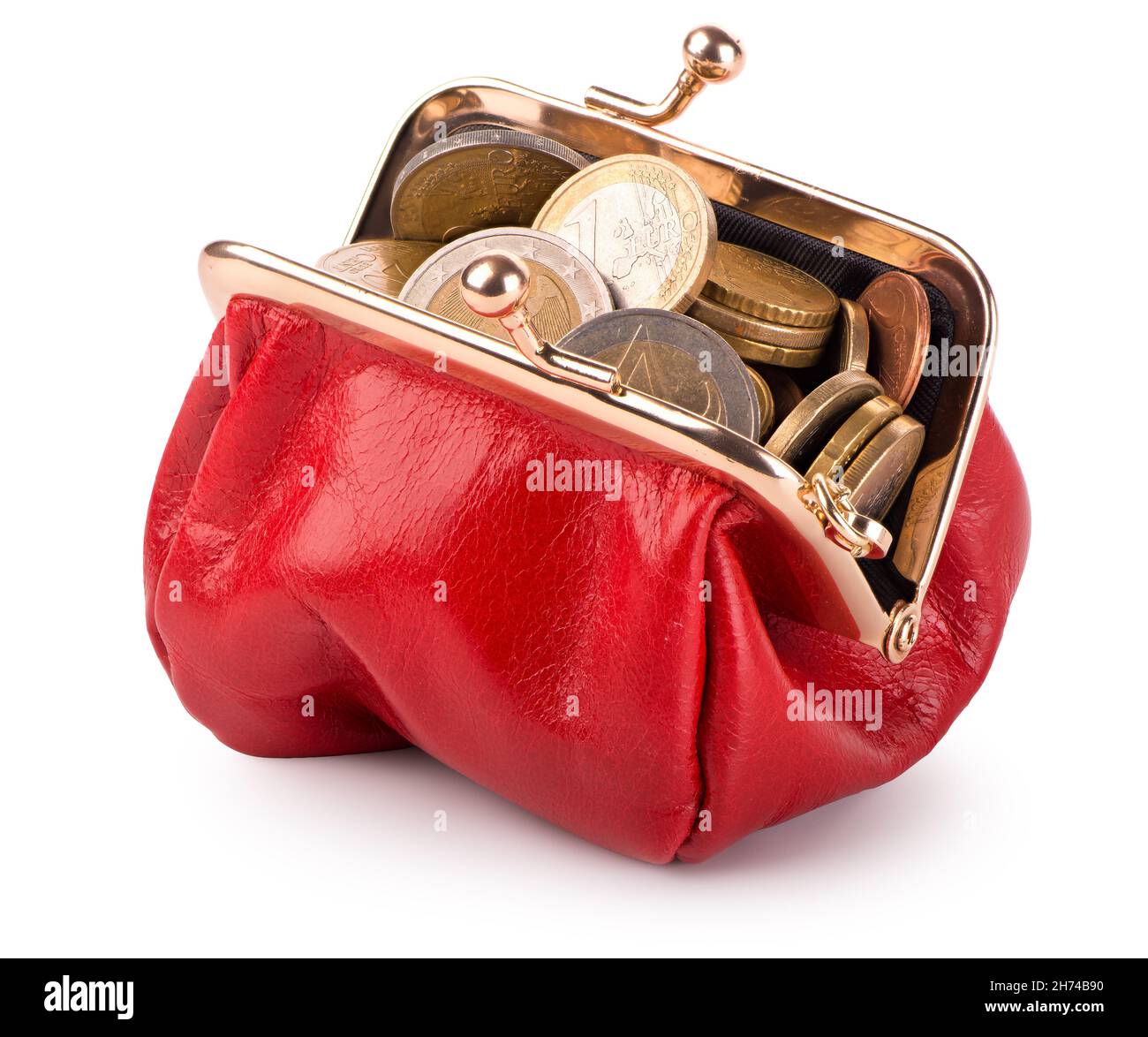 Red wallet with coins isolated on white background Stock Photo