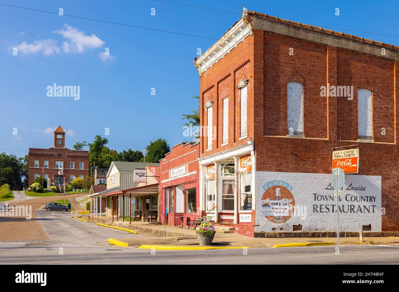 Elizabethtown, Illinois, USA - August 24, 2021: The old business district on Main Street with the Hardin County Courthouse in the background Stock Photo