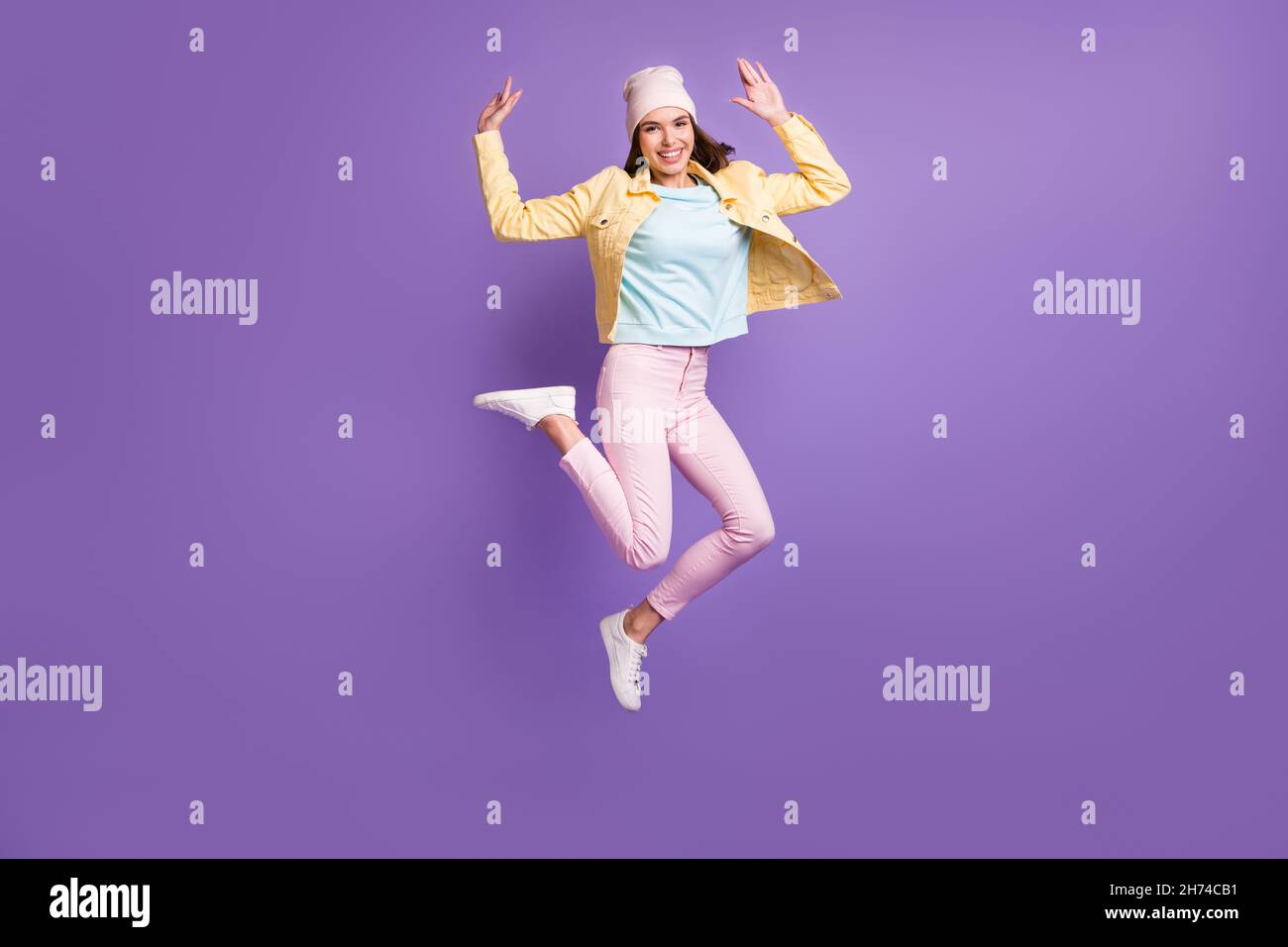 Full length body size photo of pretty girl jumping high happy laughing ...