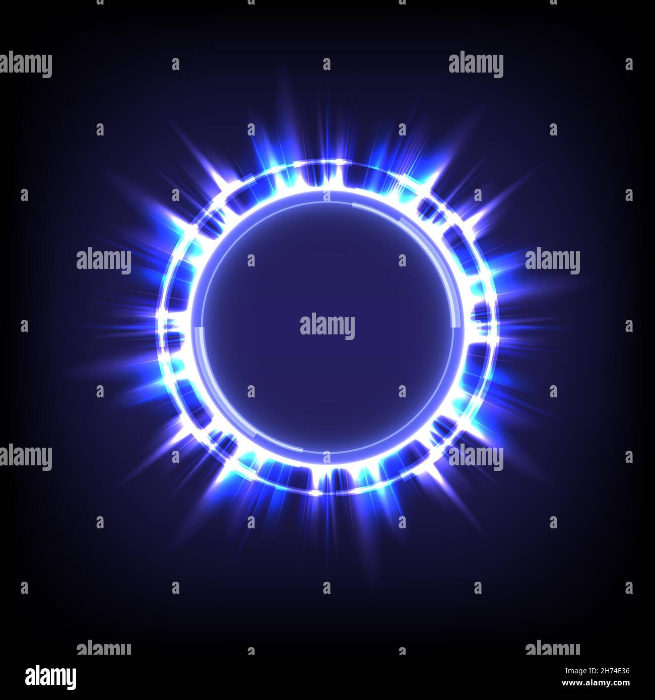 Technology glowing HUD circle. Light and sparking ring. Colorful tunnel. Bright border. Magic portal. Luminous and glint swirling. Vector illustrator. Stock Vector