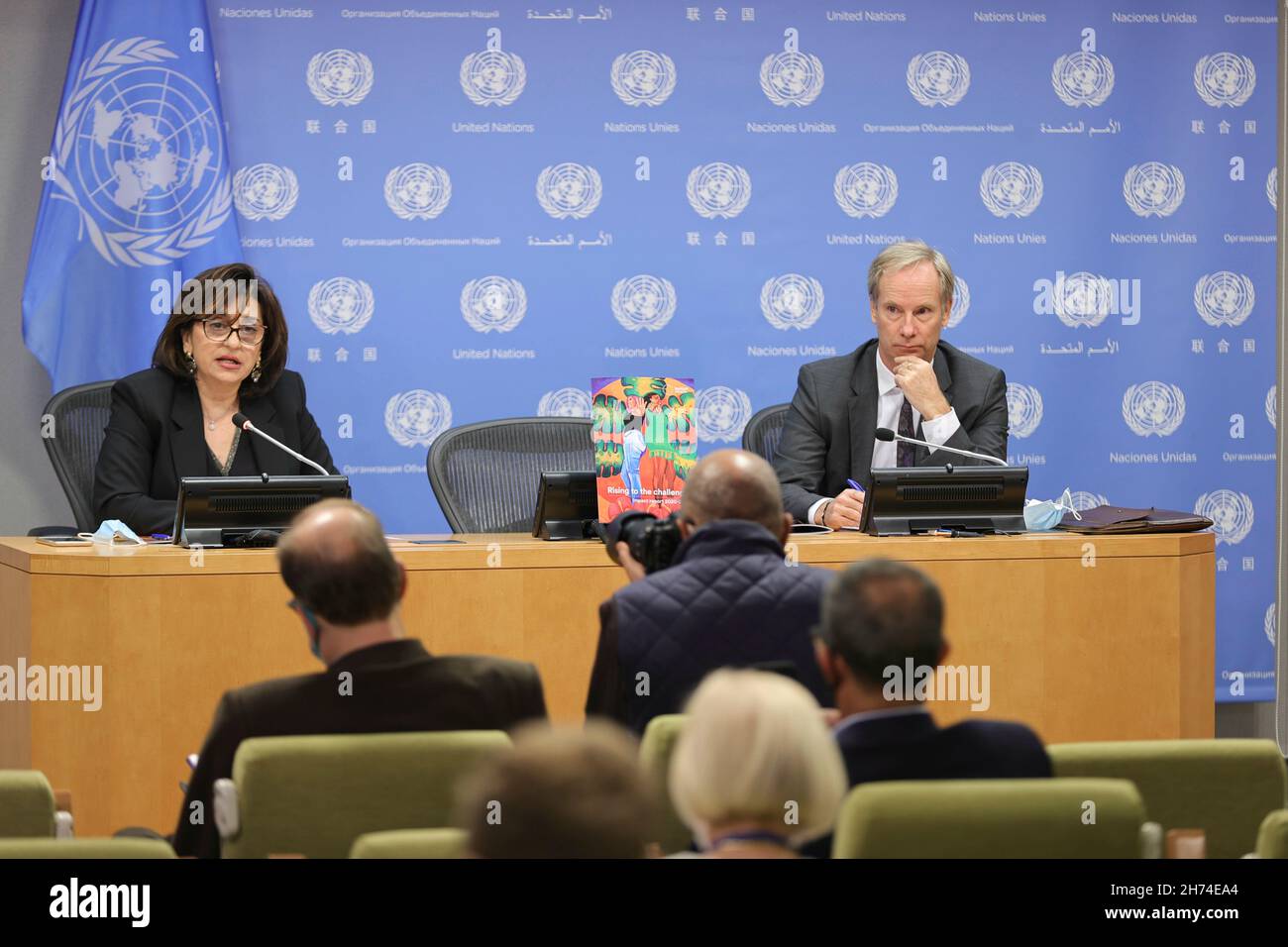 United Nations, New York, USA, November 19, 2021 - Sima Sami Bahous, Executive Director of UN Women, and Olof Skoog, Head of the Delegation of the European Union to the During a press conference on the launch of the Spotlight Initiatives impact report for 2020-2021, Rising to the challenge is held at UN Headquarters Today in New York City. Photo: Luiz Rampelotto/EuropaNewswire PHOTO CREDIT MANDATORY. Stock Photo