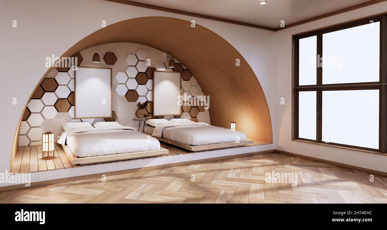 Bedroom, hexagon tiles wall design minimalist.3D rendering Stock Photo