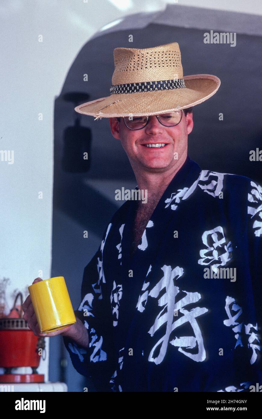 1981, 30 Year Old man glowing Around Over Coffee while on  an Mexican Resort Vacation, Mexico Stock Photo