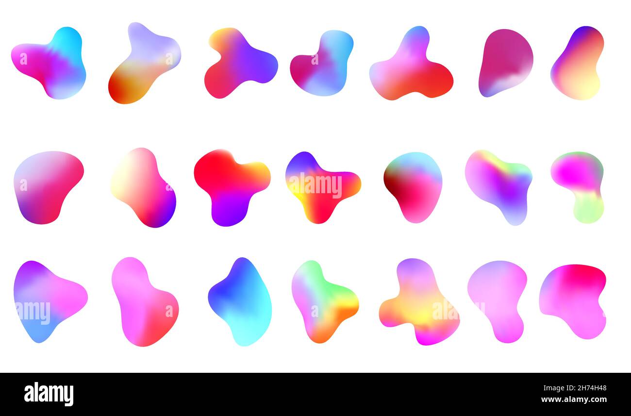 Gradient abstract fluid shapes. Set isolated liquid elements for holographic design. Vector isolated vivid color elements. Stock Vector