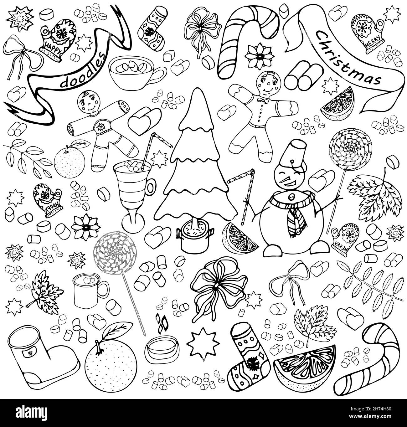 Christmas doodles in the outline. Big Set of elements for illustration Stock Vector