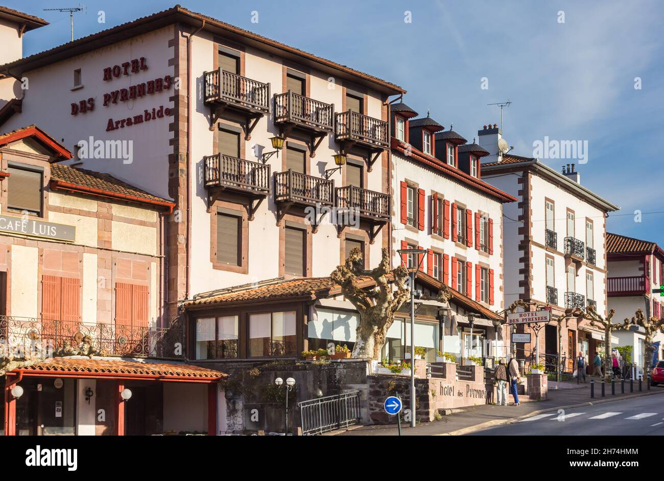 Central square with hotels and restaurants in Saint-Jean-Pied-de-Port, France Stock Photo