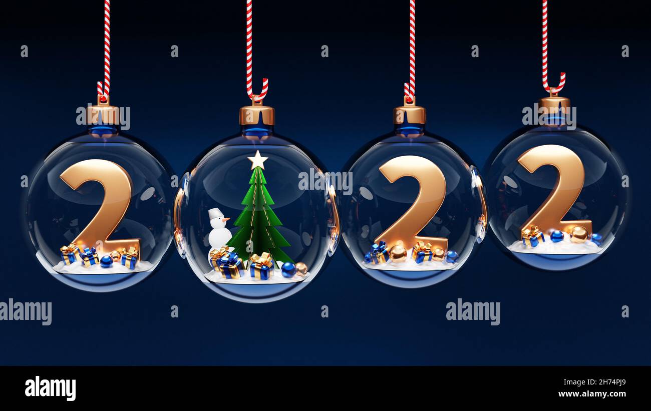 Christmas Globe 2022 Huge Amount Next Year Is 2022, With A Snow Globe, Green Christmas Trees,  Gifts. New Year's Fabulous Atmosphere Stock Photo - Alamy