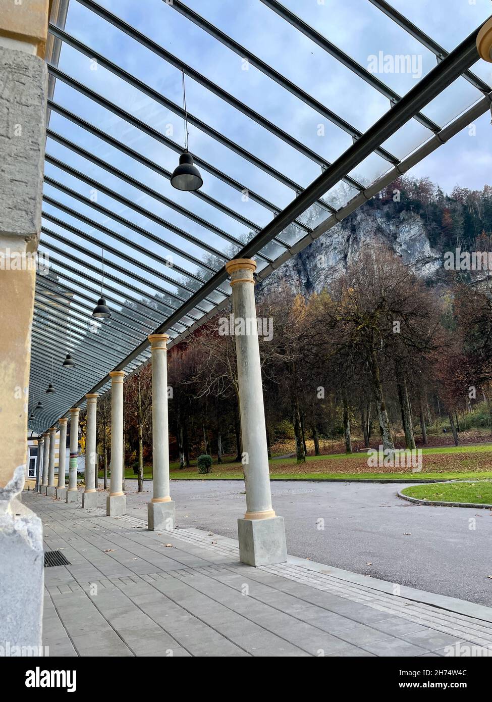Pfoertnerhaus, cultural venue in Feldkirch, with Stadtschrofen in the background. Vorarlberg, Austria. Stock Photo