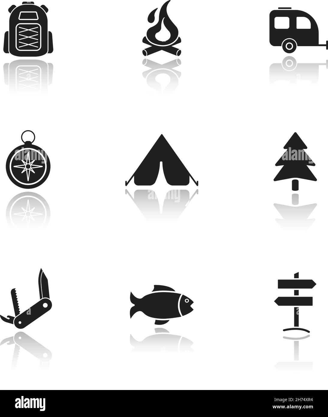 Campground equipment drop shadow icons set. Stock Vector
