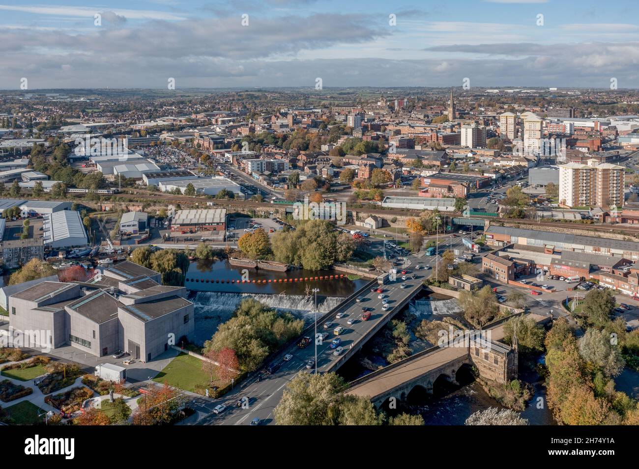 Aerial view of Wakefield city centre showing retail parks and cathedral