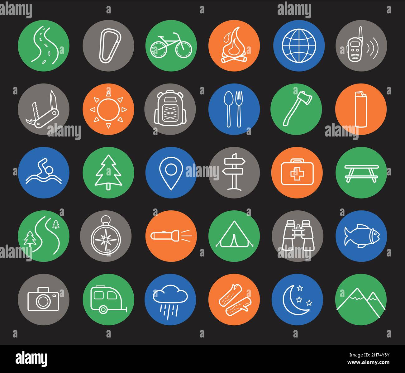 Camping and travel linear icons set Stock Vector