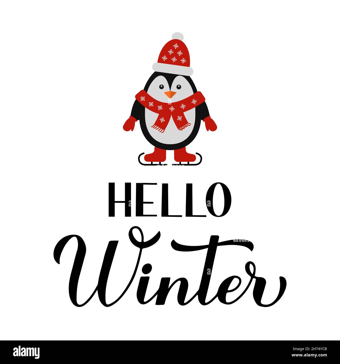 Hello winter calligraphy hand lettering with cute penguin ...
