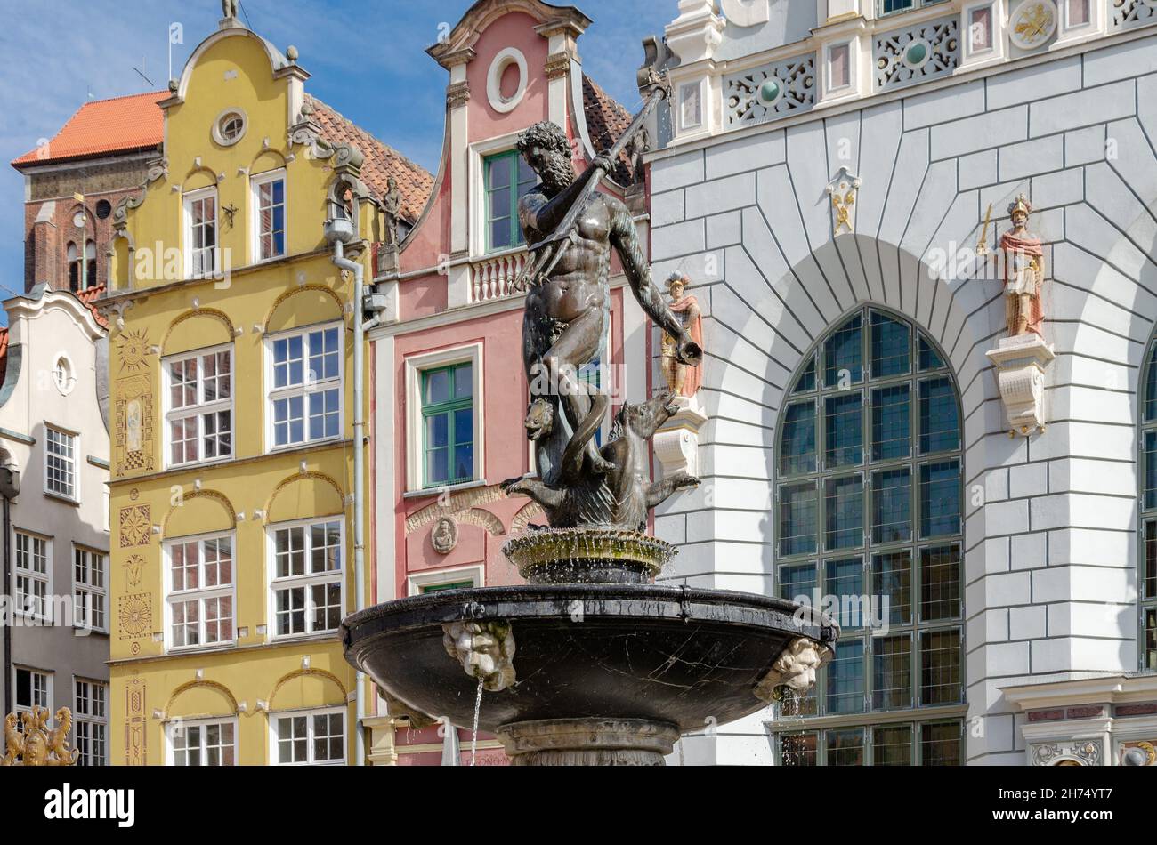 Gdansk, pomorskie voivodship, Poland; August 15th, 2021: Gansk landmark : Neptune with trident founain in Dlugi Targ square Stock Photo