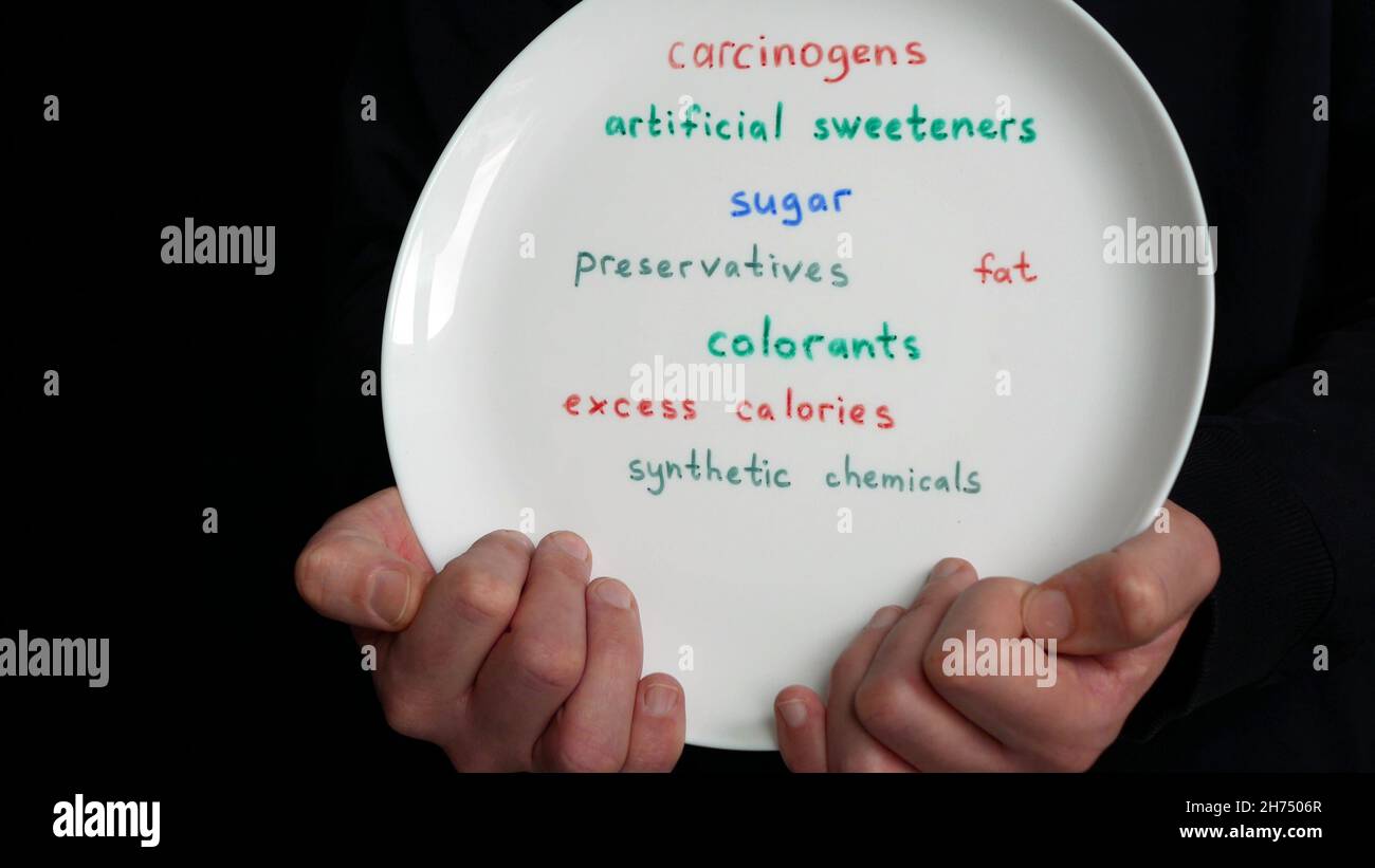 Person holding a plate with names of harmful food additives. Dangerous additives are written on a serving platter. Concept of unhealthy eating Stock Photo
