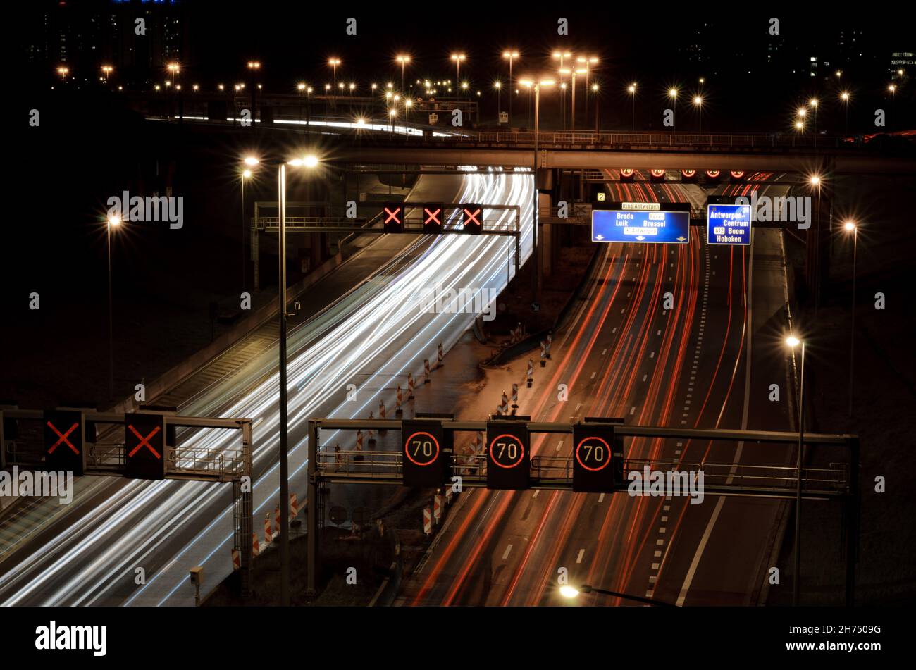 Long exposure picture of the highway in Antwerp showing light trails of