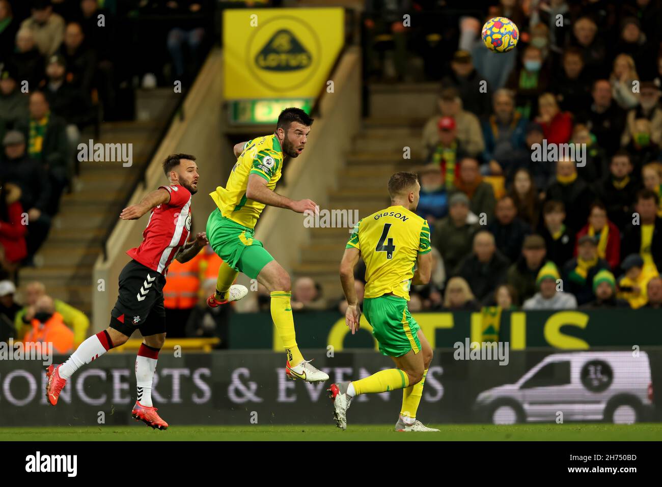 Carrow Road, Norwich, UK. 20th Nov, 2021. Premier League football, Norwich City versus Southampton; Grant Hanley of Norwich City heads the ball back to his goal keeper Credit: Action Plus Sports/Alamy Live News Stock Photo