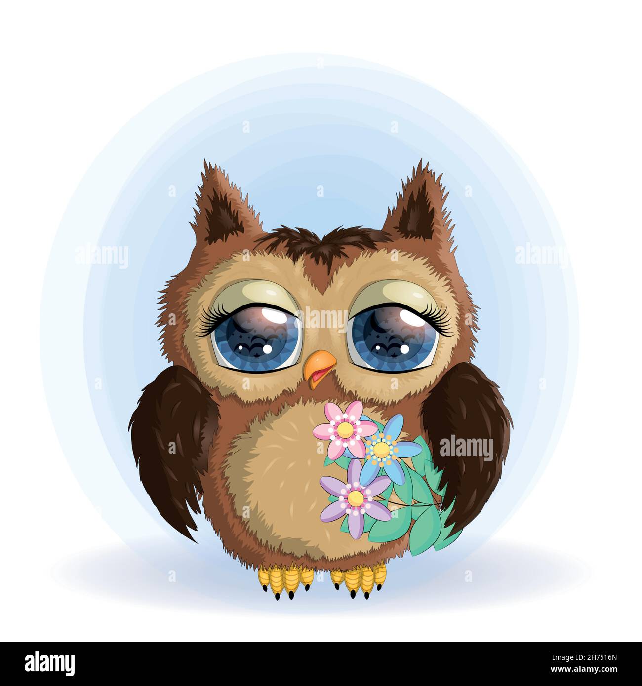 Cute Cartoon Owl with flowers and butterflies Stock Vector Image & Art ...