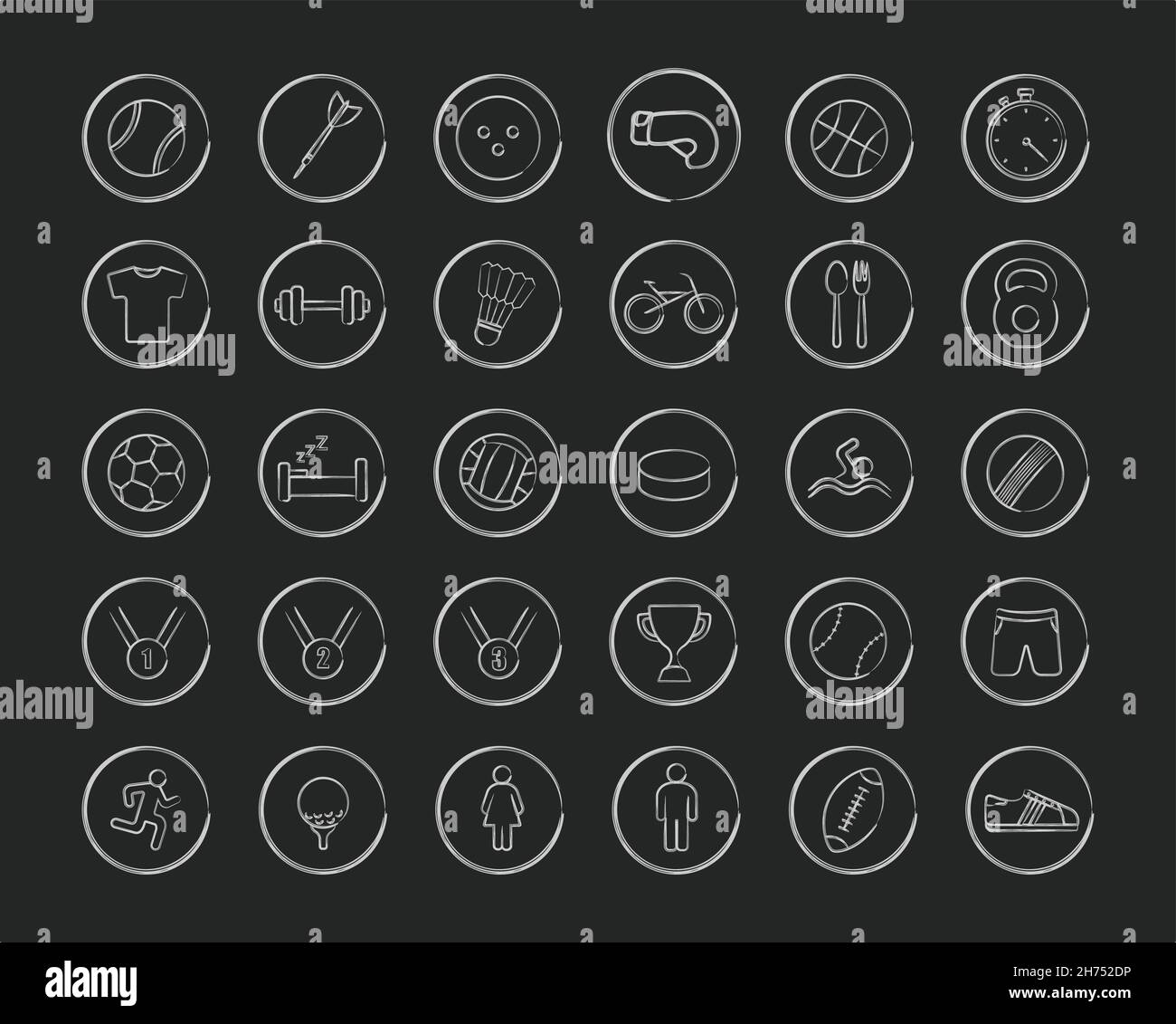Active sport games linear icons set. Chalk Stock Vector
