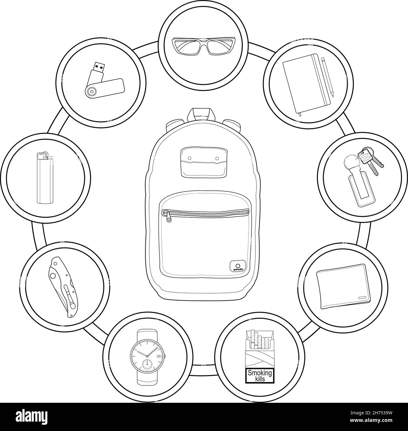 Backpack contents. Every day carry linear objects Stock Vector Image