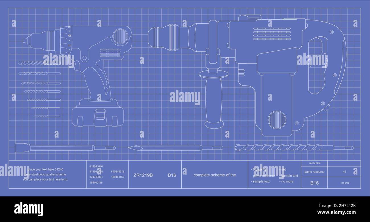 Drill, hammer drill and bits engineer blueprint Stock Vector Image