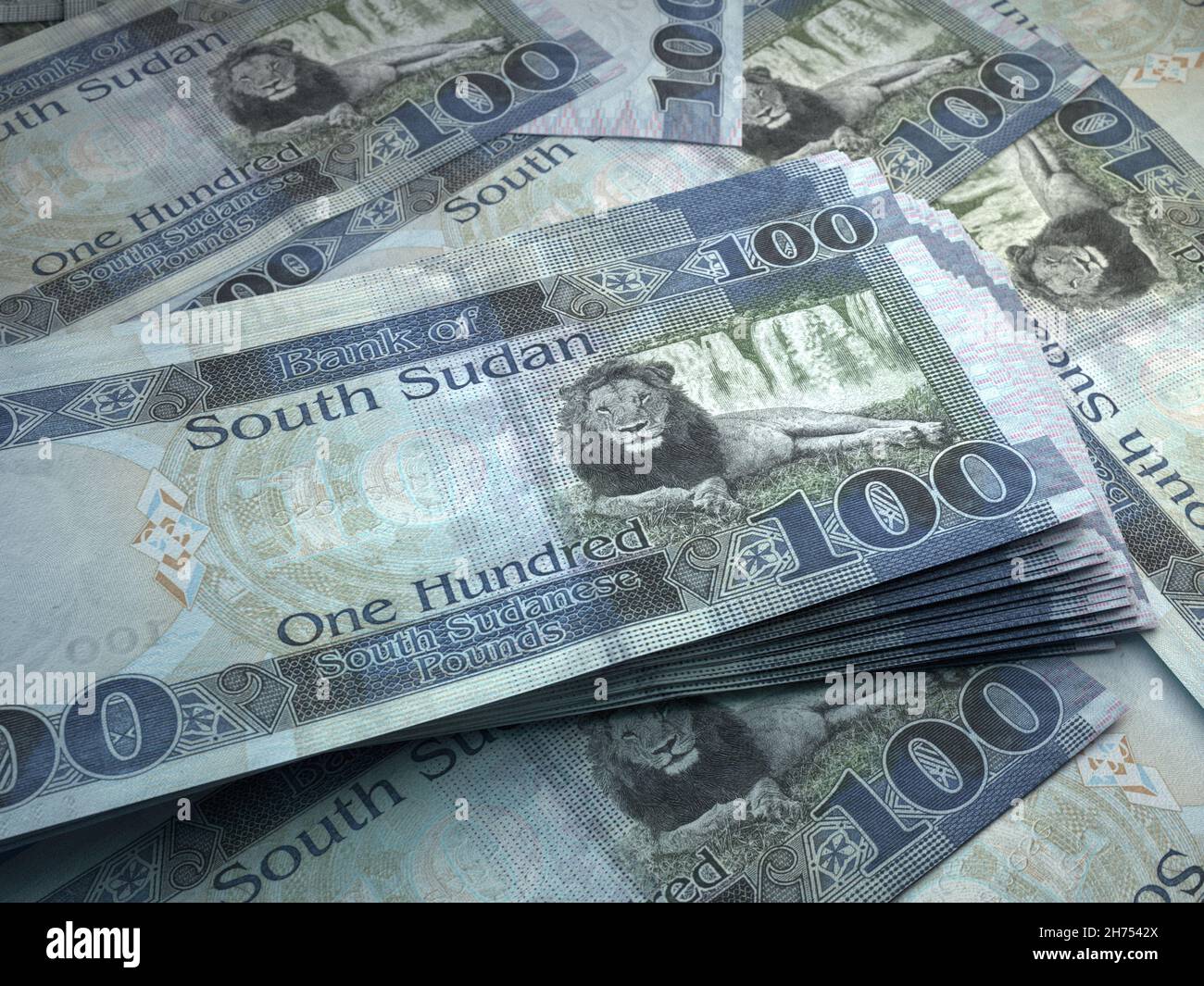 Money of South Sudan. Pound bills. SSP banknotes. 100 English. Business, finance, news background. 3d illustration. Stock Photo