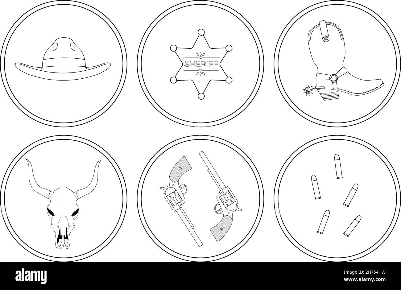 Wild west contour lines objects set Stock Vector