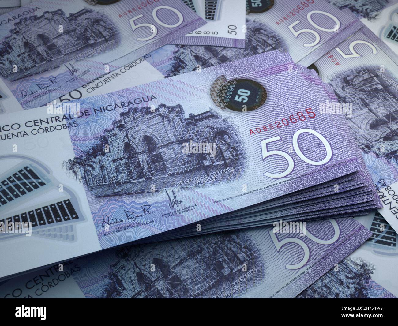 Money of Nicaragua. Cordoba bills. NIO banknotes. 50 Spanish. Business ...