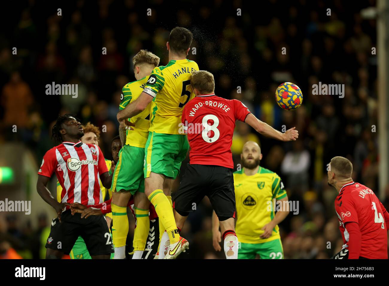 Carrow Road, Norwich, UK. 20th Nov, 2021. Premier League football, Norwich City versus Southampton; Grant Hanley of Norwich City wins the header and scores for 2-1 in the 79th minute Credit: Action Plus Sports/Alamy Live News Stock Photo